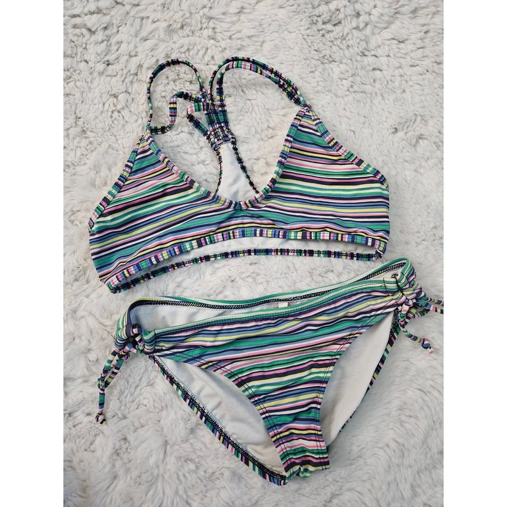 Ella Moss Multi-Color Striped Racerback Bikini Set Swimsuit Size 14 Tween Beach